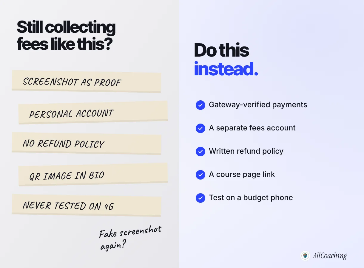Common UPI payment mistakes when selling online courses, such as screenshots as proof and personal accounts, and what to do instead