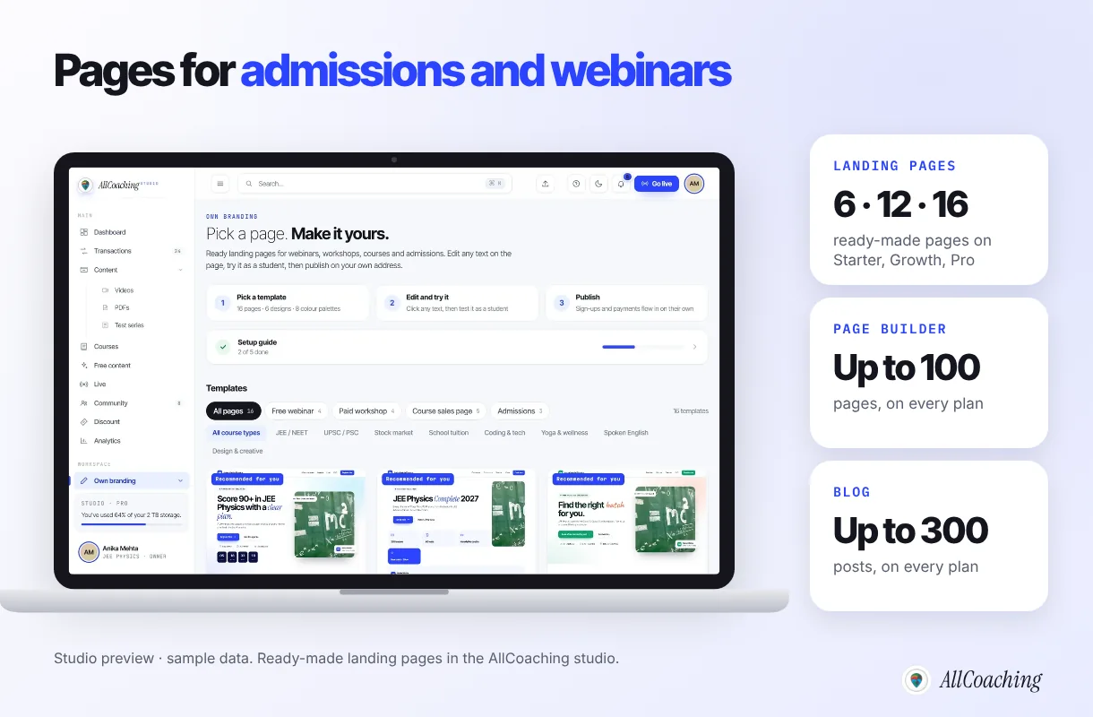Ready-made landing pages for webinars, workshops, course sales and admissions in the AllCoaching studio, with a page builder and blog