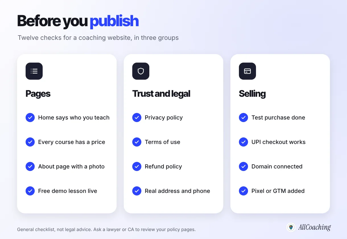 Coaching institute website launch checklist: pages, trust and legal pages, and selling checks before you publish