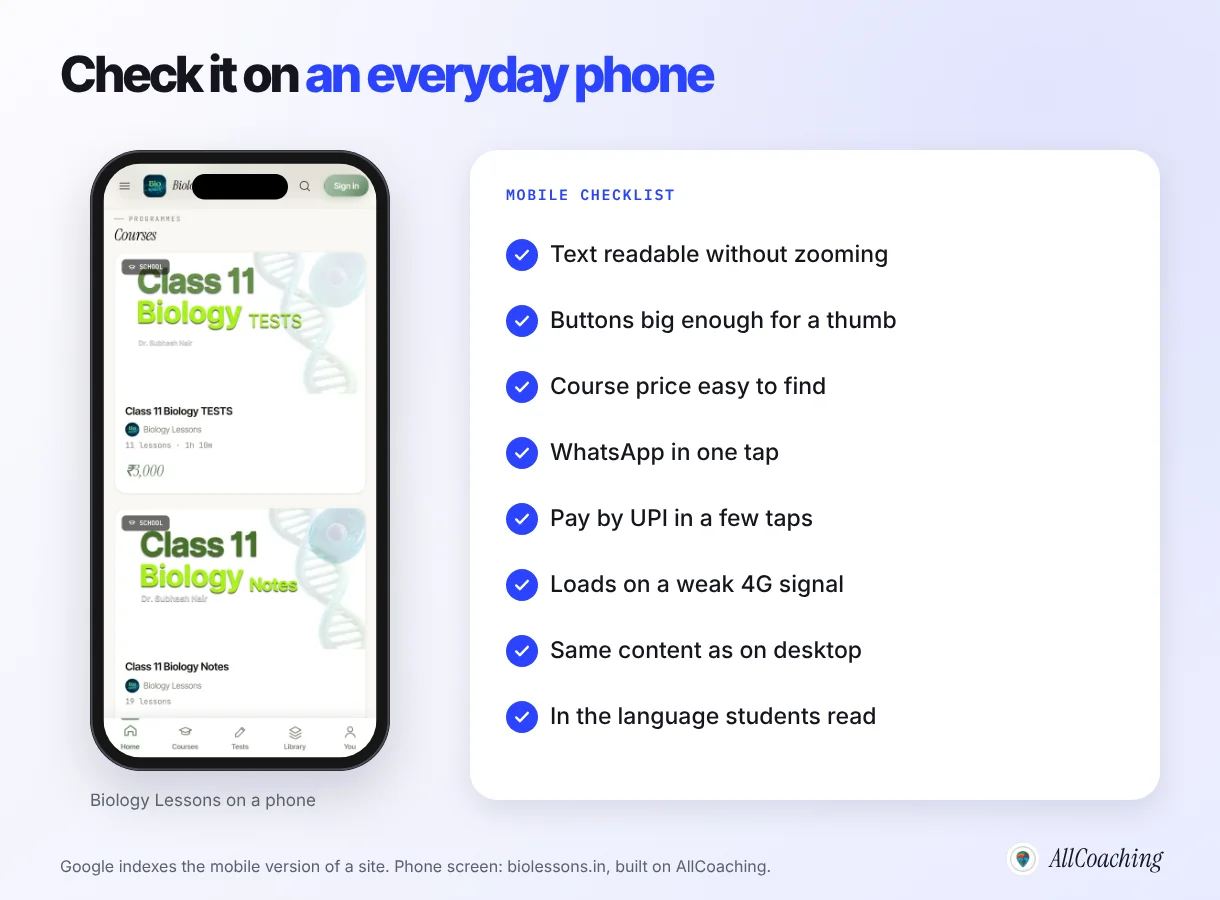 Mobile-first checklist for a coaching institute website, shown next to the Biology Lessons academy website on a phone