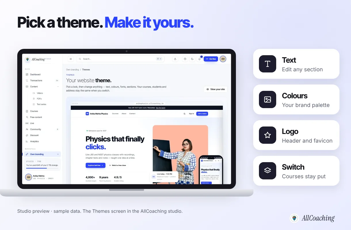 The Themes screen in the AllCoaching studio, where an educator picks a coaching website theme and edits text, colours and logo