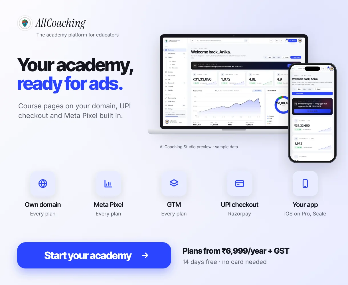 AllCoaching Studio on a laptop and phone with own domain, Meta Pixel, Google Tag Manager, UPI checkout and own app, ready for Meta ads