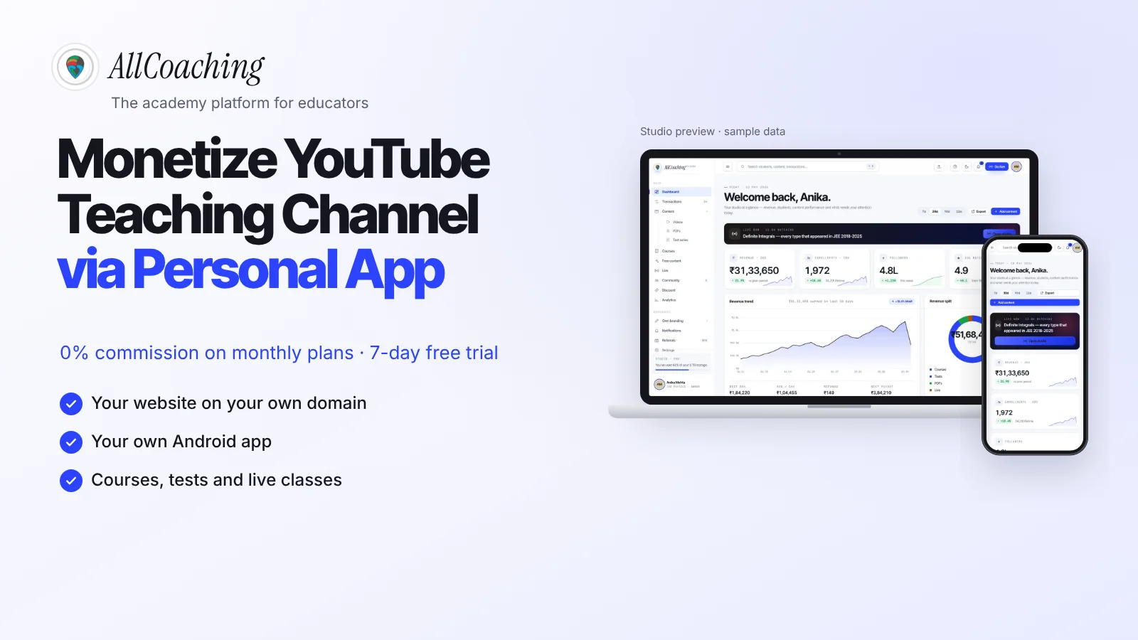 Monetise a YouTube teaching channel via a personal app, AllCoaching 2026 guide