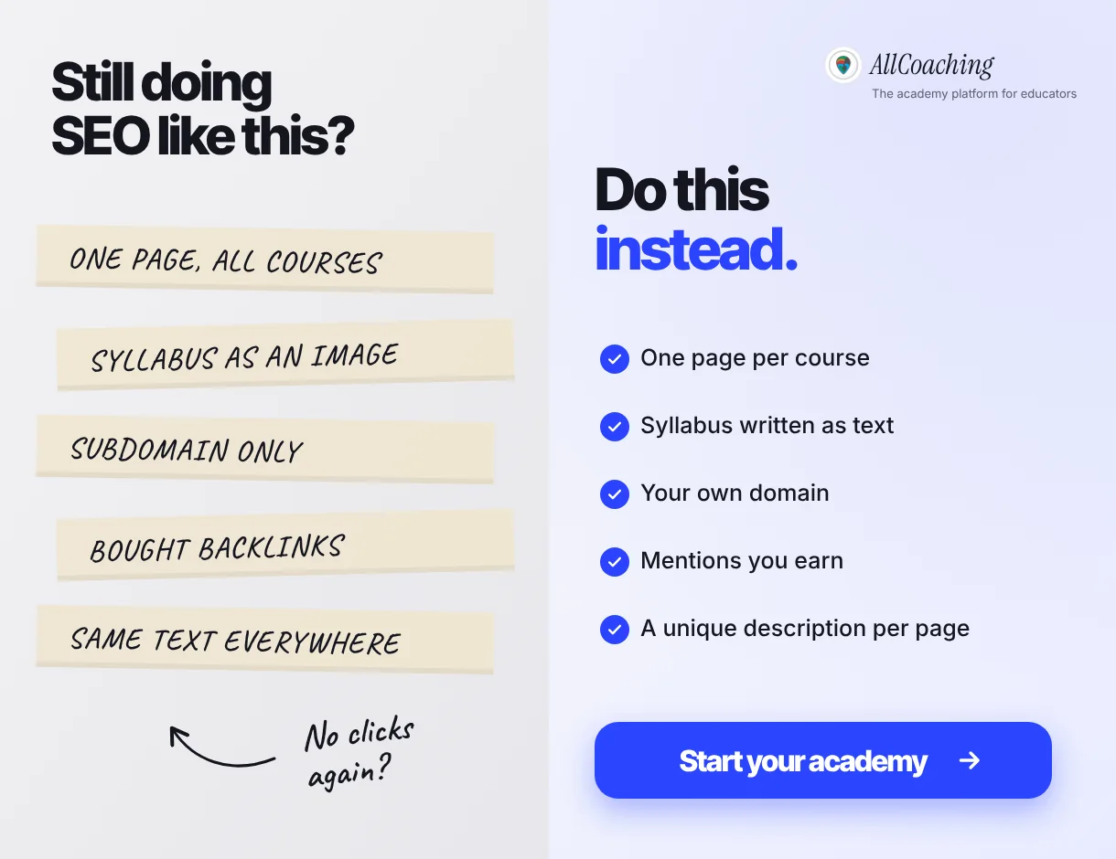 Before and after: five SEO mistakes on tape labels (one page for all courses, syllabus as an image, subdomain only, bought backlinks, same text everywhere) and what to do instead