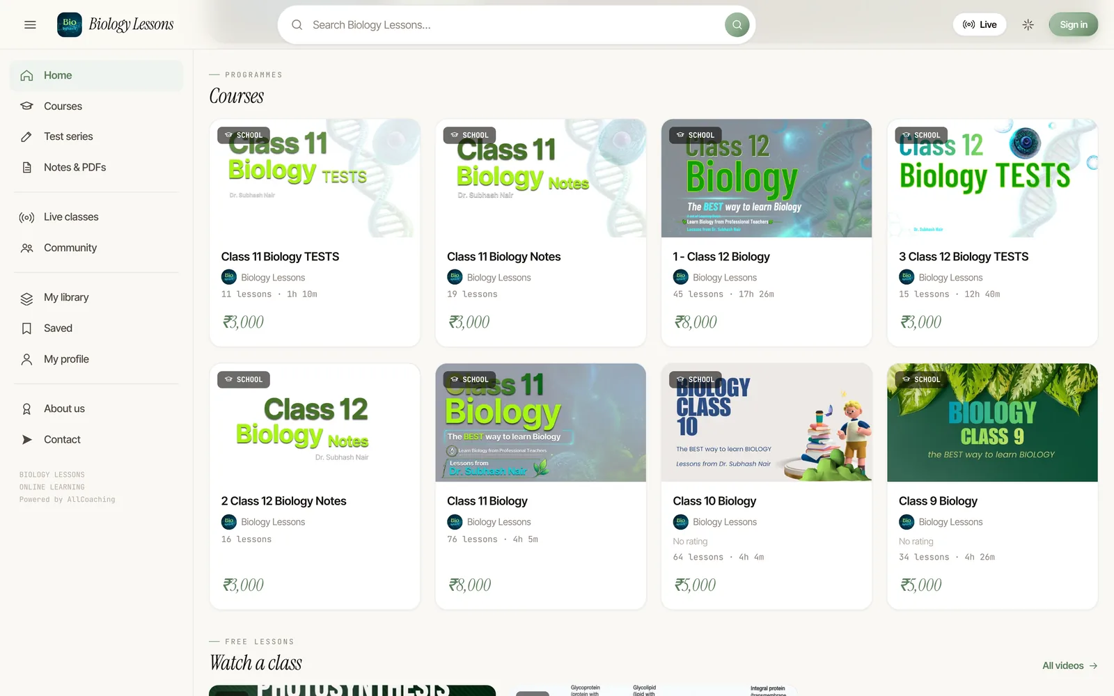 Biology Lessons academy website at www.biolessons.in, showing its courses, built on AllCoaching