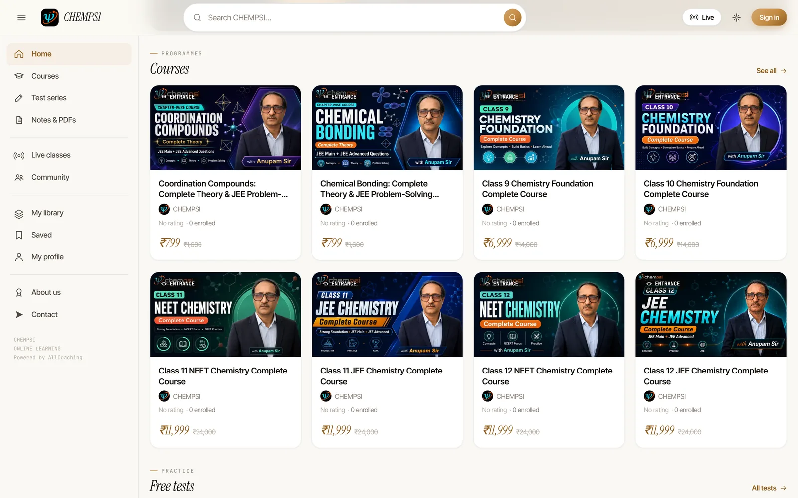 CHEMPSI academy website at www.chempsi.com, showing its courses, built on AllCoaching