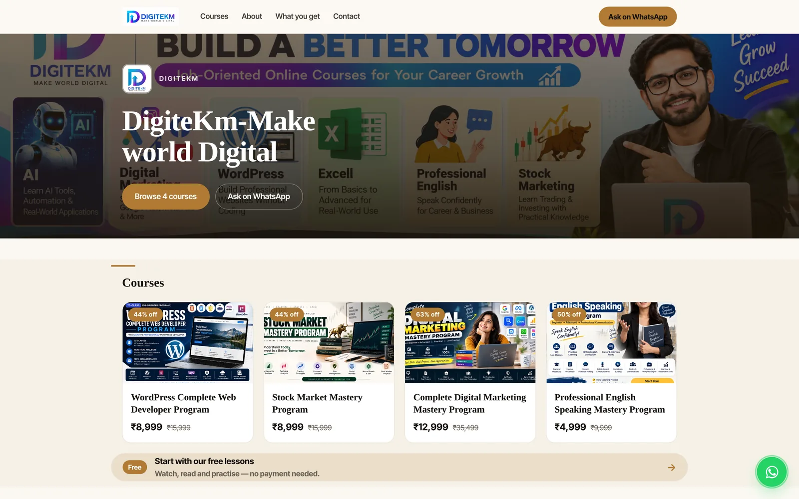 DigiteKM academy website at www.digitekm.com, showing its courses, built on AllCoaching