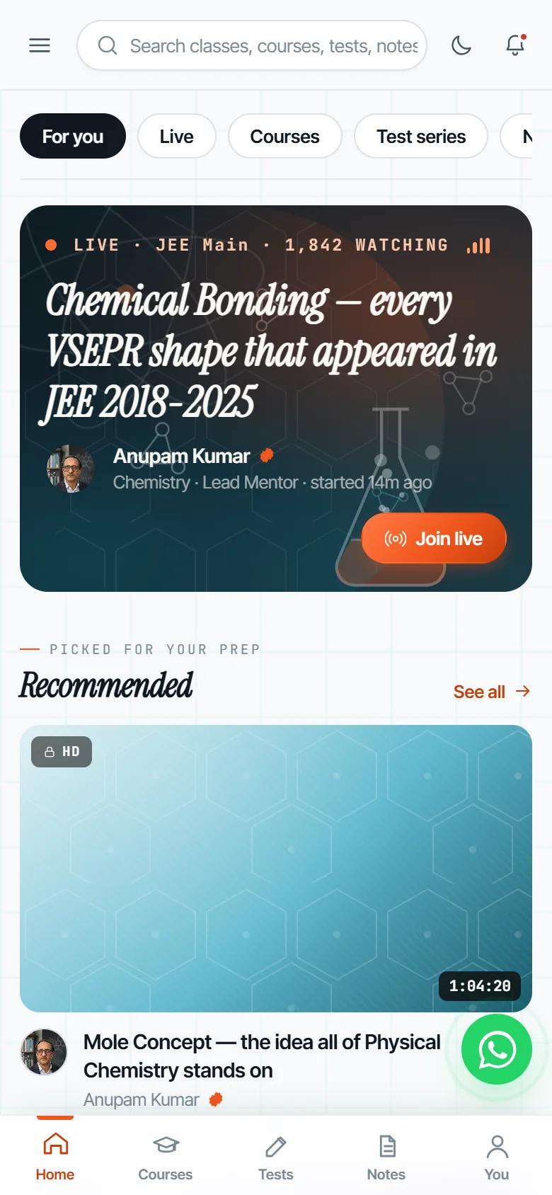 Student app home screen with a live class and recommended courses
